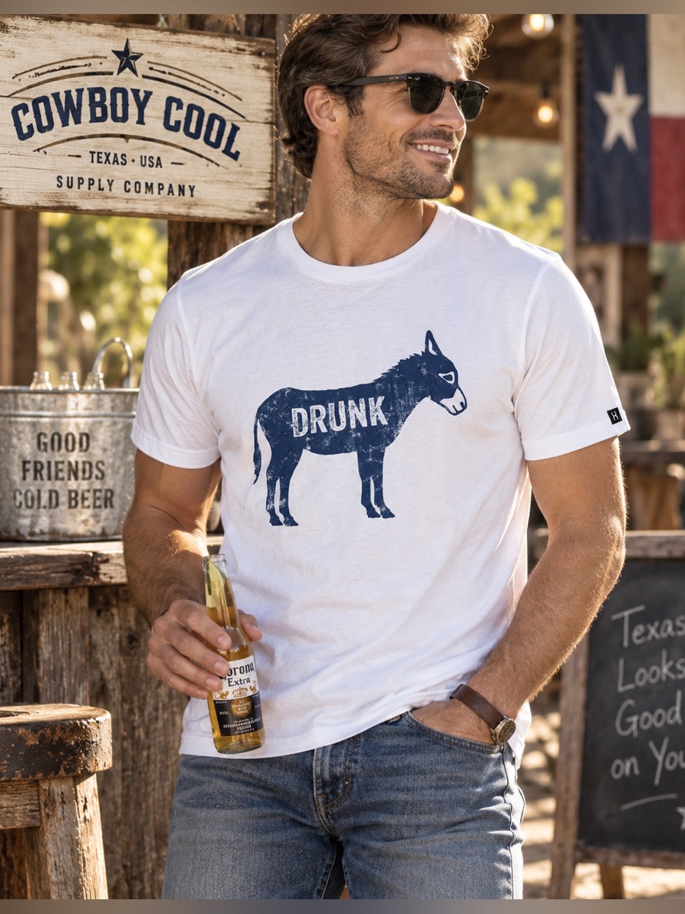 Cowboy Cool Drunk Ass Donkey Graphic White Texas Western Humor T-Shirt Men’s XL